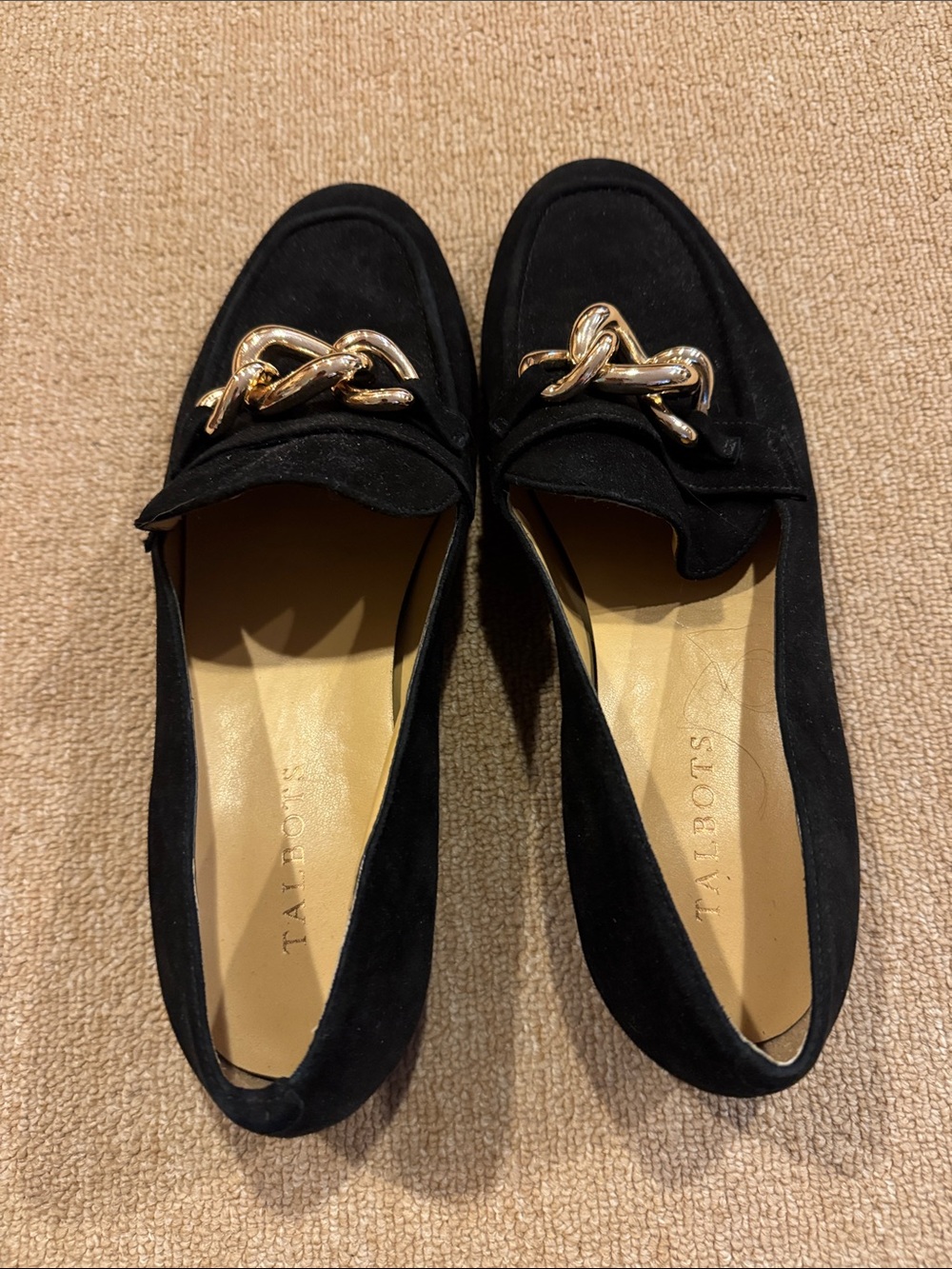 Talbots Black Suede Loafers with Gold Chain Accent